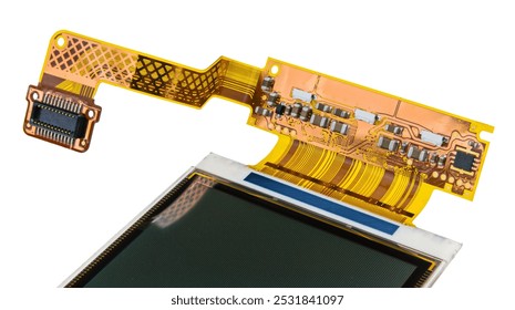 Flex printed circuit board inside mobile phone isolated on white background. Cellphone LCD display with RGB LED diodes pattern on FPC cable with copper layer and surface mounted electronic components. - Powered by Shutterstock - Get 15% off with code: PIKWIZARD15