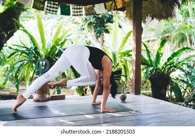 Flexible Asian Girl Practicing Yoga On Wooden Terrace. Concept Of Harmony And Mental Health. Young Brunette Athletic Woman Wearing Sportswear And Barefoot On Fitness Mat. Bali Island. Sunny Day