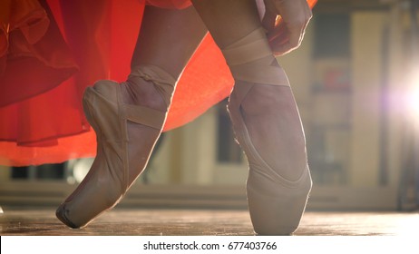 Flexible Ballerina Feet, Dancing In A Red Dress, Brown Ballet Shoes, On A Wooden Floor. Concept Ballet Dancer Slim Diet, Light Women, Beautiful Figure, Healthy Lifestyle, Flexibility, Daily Activities