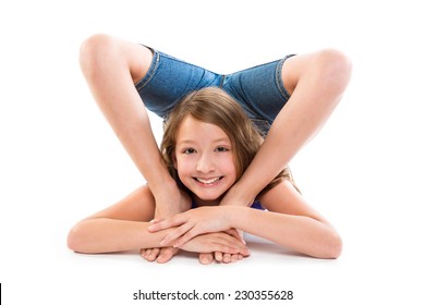 Flexible contortionist kid girl playing happy on white background