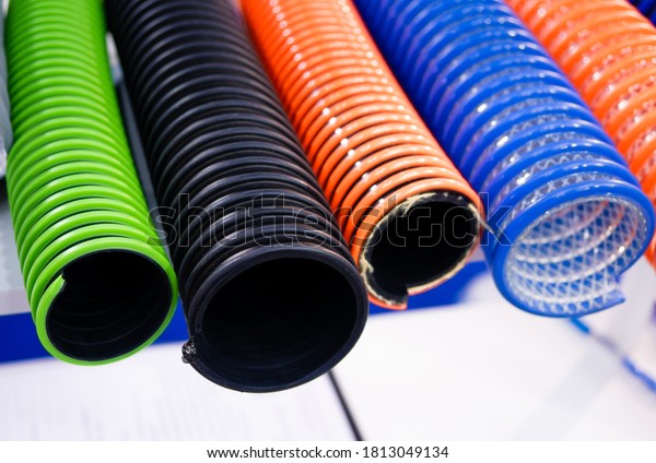 flexible duct hose tubing\
multicolor used in industrial\
applications.close-up.