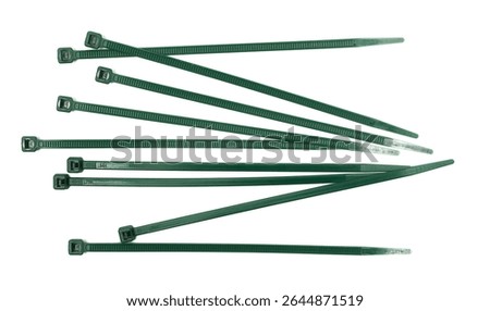 Flexible self locking plastic zip tie, strap isolated on white background, top view
