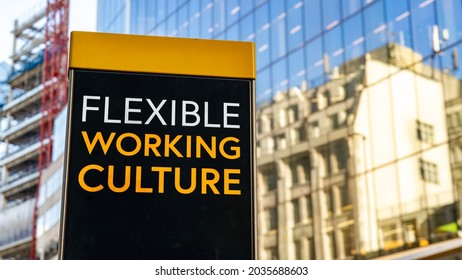 Flexible Working Culture On A City-center Sign In Front Of A Modern Office Building