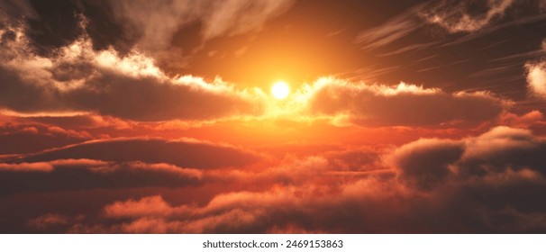 Flight among the clouds, Stormy sky, sunrise or sunset among fabulous clouds, panorama of clouds, 3D rendering - Powered by Shutterstock