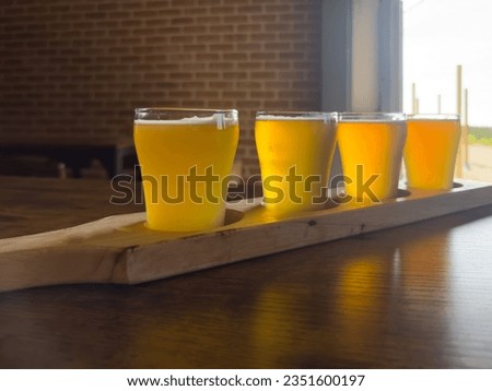 A flight or an assortment of craft beers in small clear glasses on a wooden paddle in a restaurant pub. Each of the tasting sample beers ranges from dark yellow to golden color with froth on top. 