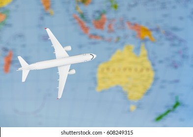 Flight To Australia Symbolic Image Of Travel By Plane Map.