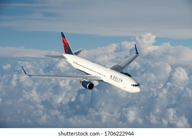 In Flight, Belgium - January 7, 2020: A Delta Airlines Boeing 76