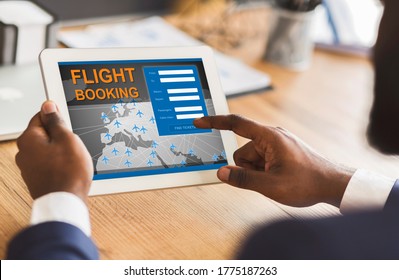Flight Booking. African American Businessman Using Tablet Buying Avia Travel Tickets Sitting At Workplace Indoor. Cropped, Collage