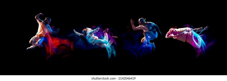 Flight. Collage with stylish man dancing hip-hop, breakdance in white clothes on dark background with mixed neon light. Youth culture, hip-hop, movement, style and fashion, action.