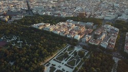 Flight Drones Over The Famous Park Of The Retiro Of Madrid And The Prado Museum