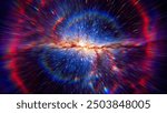 Flight to the galaxy at the speed of light. Portal for hyperspace jump. Colorful glowing cosmic background. Hyper Speed teleport. Time warp. Space traveling. Explosion in universe. Big bang. 3d render