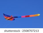 A Flight of a Giant Colorful Manta Ray Kite in the Sky. Summer Kite Fest in Varna, Bulgaria. 