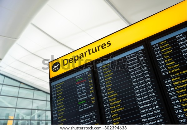 Flight information, arrival, departure at the\
airport, London, England