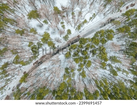 Flight over the autumn mountains with road serpentine and pine forest. Top down view. Landscape photography. Driving in winter. Natural winter landscape from air. Forest under snow a the winter time.