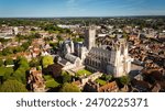 Flight over the historic city centre of Canterbury United Kingdom with famous Canterbury Cathedral - aerial drone photography