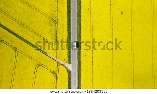 Flight over a road that leads through a\
rapeseed field on which a lorry truck is\
driving.