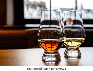 Flight Of Scottish Whisky, Tasting Glasses With Variety Of Single Malts Or Blended Whiskey Spirits On Distillery Tour In Scotland, UK