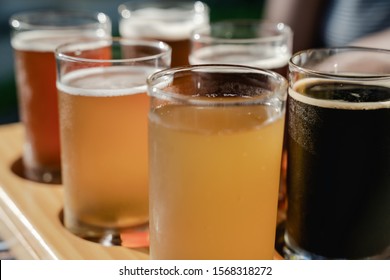 Flight Selection Sample Of Beers, Porter, Stout, Ale, Larger, Pale Ale, IPA, APA,Weiss Beer, White Beer,  