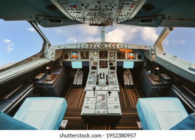 A Flight Simulator Training Room. Interior Of The Cockpit Airplane, For Pilot Training, Design, Or Other Purposes.