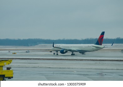 Flight Taking Off On A Bad Weather At Detroit Wayne County Airport In Jan 2019