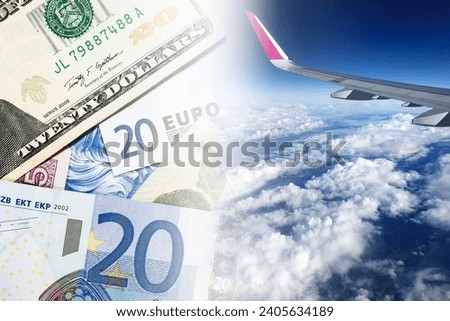 Flight ticket price. Cost of traveling by plane background. Clouds from above. Plane wing. Aircraft windows view. High in the sky landscape. Above clouds aerial view. Flying through the clouds.