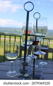 Flight Of Wine Overlooking Valley And Lake In Finger Lakes Region New York