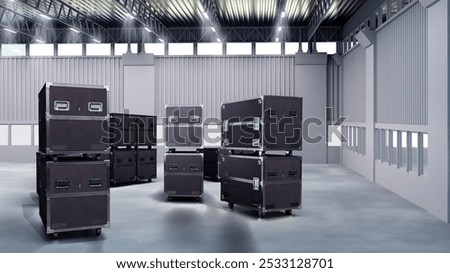 Flightcase on wheels inside hangar. Black containers with film equipment on wheels. Flightcase for transporting cameras and tripods. Transport cases. Cinema equipment inside flightcase. 