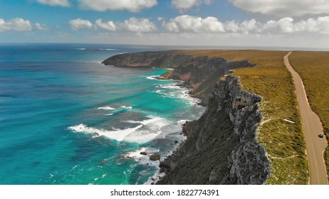 Flinders Chase National Park In Kangaroo Island. Amazing Aerial View Of Road And Coastline From Drone On A Sunny Day.