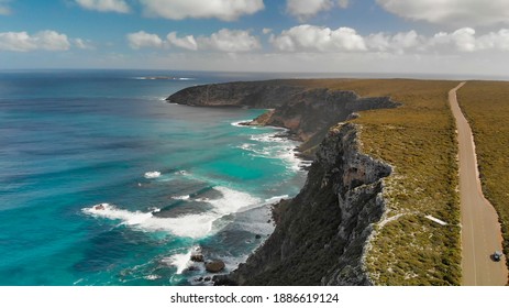 Flinders Chase National Park In Kangaroo Island. Amazing Aerial View Of Road And Coastline From Drone On A Sunny Day.