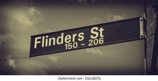 Flinders Street Sign Closeup In Melbourne