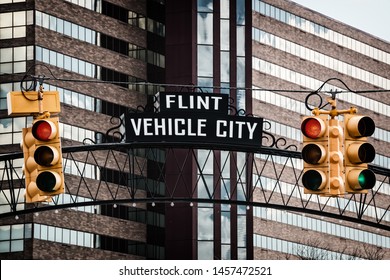 Flint, Michigan Downtown Gateway Sign Showing Vehicle City. Known Widely For Their Water Quality And Safety Issues.