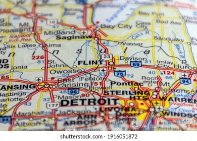 Flint, Michigan, USA On A Road Map.