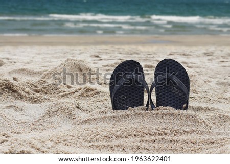 Flip flops in the beach. Slippers embed in sand beach.