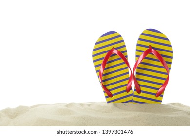 Flip Flops In Clear Sea Sand. Summer Vacation