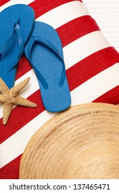 Flip Flops, Hat, Towel, Starfish For A Day At The Beach, Pool Or Spa. Red White And Blue Color Theme. Vertical.