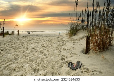Flip Flops on a beach path leading to the ocean in the morning at sunrise. Concept journey future
