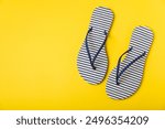 Flip flops on a bright colored background. Sandals. Summer Slippers. Vacation Concept. Rubber Slide Sandal . Top view. Space for text. Copy space