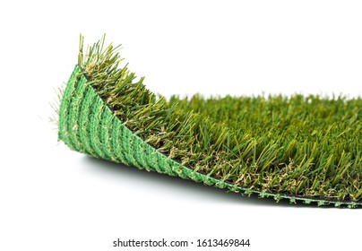 Flipped Up Section Of Artificial Turf Grass On White Background.