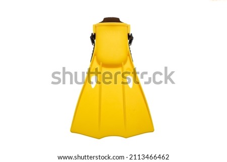 Flipper yellow isolated cutout on white background. Overhead view of fin footwear, swim and dive sea equipment. Sport, activity, leisure.