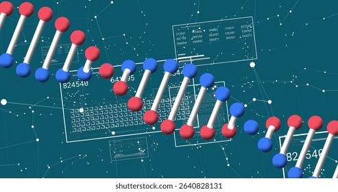 Floating 3D DNA helix drifting over teal digital interface, with data panels and nodes and lines. Futuristic, science, technology, innovation, biomolecular, data visualization, digital network