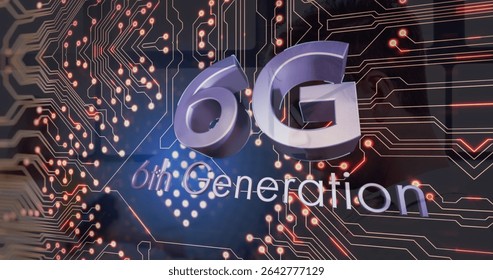 Floating 3D 6G–6th Gen letters hovering in circuit board, with glowing microchip nodes and traces. Futuristic, technology, cyber, digital, innovation, connectivity, abstract
