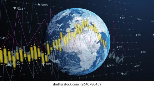 Floating 3D globe in dark grid, showing yellow candlesticks, magenta-white line graphs, timestamps. Geography, data visualization, financial technology, digital environment, 3d modeling, analytics,