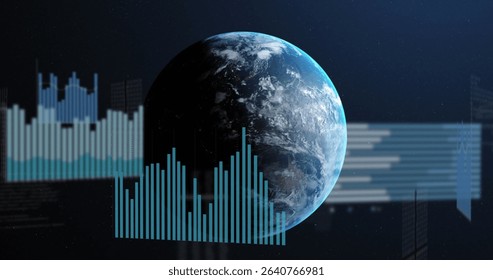 Floating 3D globe of Earth showing day-night shading against star field, with bar chart overlays. Futuristic, digital, technology, data visualization, world map, outer space, analytics - Powered by Shutterstock - Get 15% off with code: PIKWIZARD15