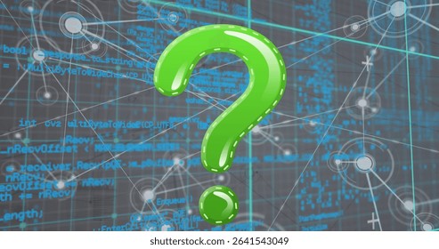 Floating 3D green question mark hovering over digital interface with code, network lines and nodes. Futuristic, technology, visualization, cybersecurity, data, abstract, innovation