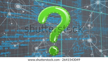 Floating 3D green question mark hovering over digital interface with code, network lines and nodes. Futuristic, technology, visualization, cybersecurity, data, abstract, innovation