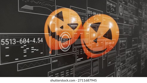 Floating 3D jack-o'-lantern spheres hovering over virtual dashboard, with HUD panels and codes. Pumpkins, levitating, glossy, reflective, futuristic, cybersecurity, analytics