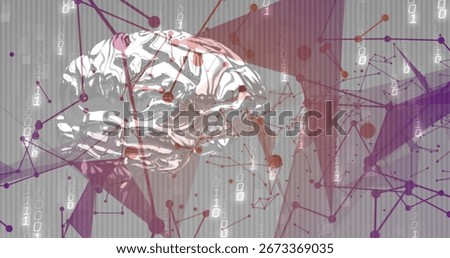 Floating 3D metallic brain model glowing in data space, with network graph and binary streams. Futuristic, technology, digital, innovation, cyber, artificial, connectivity