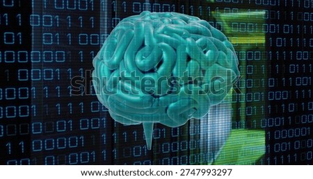 Floating 3D teal brain model hovering over virtual data backdrop, showing binary streams and panels. Neural, cortex, translucent, grid, cyan, blue, interface