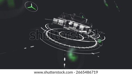 Floating 3D wireframe house model rotating in dark HUD, with neon-green icons and circular rings. Technology, interface, minimalistic, futuristic, digital, visualization, innovation