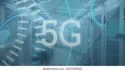 Floating 5G text hovering above grated floor in data center corridor, with server racks. Technology, data, networking, cybersecurity, futuristic, infrastructure, innovation